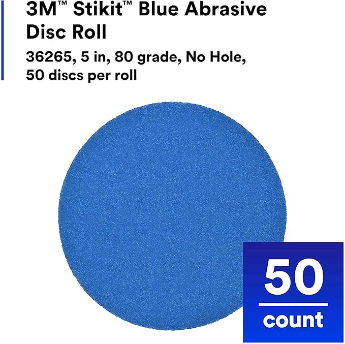 3M Stikit Blue Abrasive Disc Roll 36265, No Hole, Coating Removal, Body Repair, 80 Grade, 5 in, 50 Discs/Roll