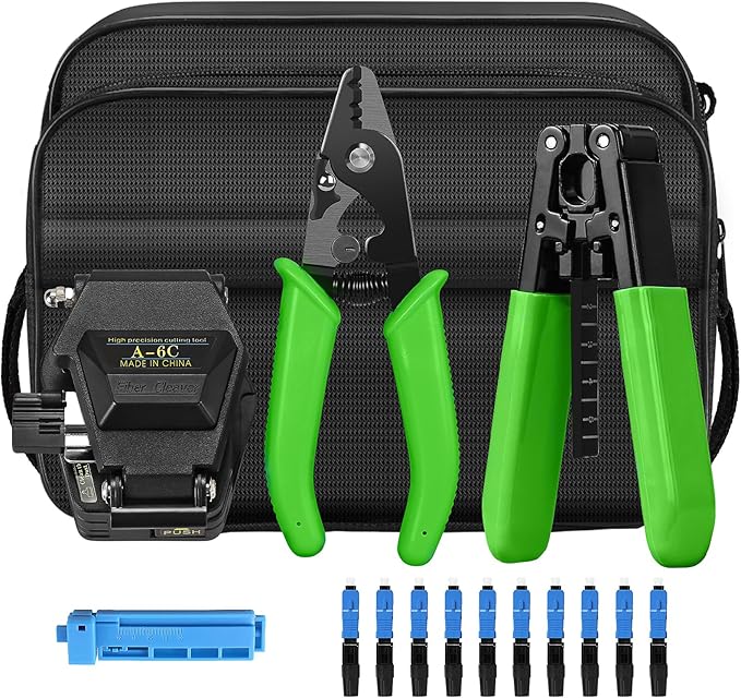 6-in-1 Fiber optic tool kit with high-precision A-6C Optical Fiber Cleaver and Multi functional three port Fiber optic stripping pliers, well as 10pcs SCUPC Fiber optic quick connector