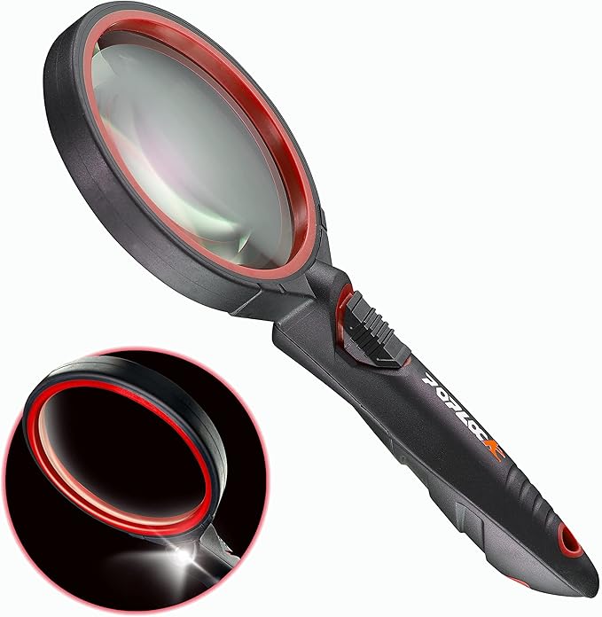 Poplock Lighted Magnifying Glass with LED, Anti-Distortion 3X Optical Lens for Reading and Work, Taiwan Made, Red