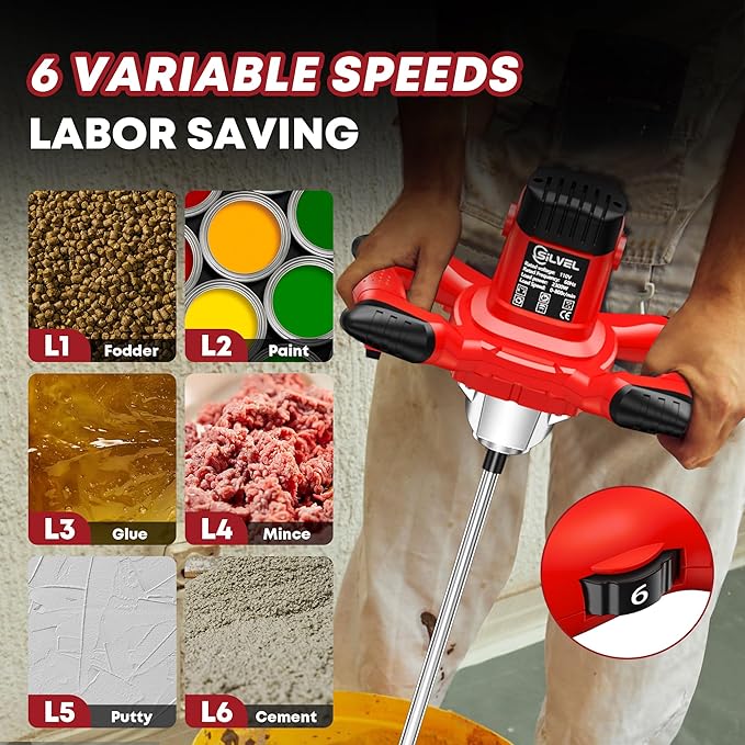 SILVEL Cement Mixer, Max 2300W Electric Concrete Mixer with 6 Adjustable Speeds, Portable Mortar Mixer, 110V Handheld Mud Mixer for Mixing Mortar, Paint, Slurry, Gypsum, Sheetrock, Feeding