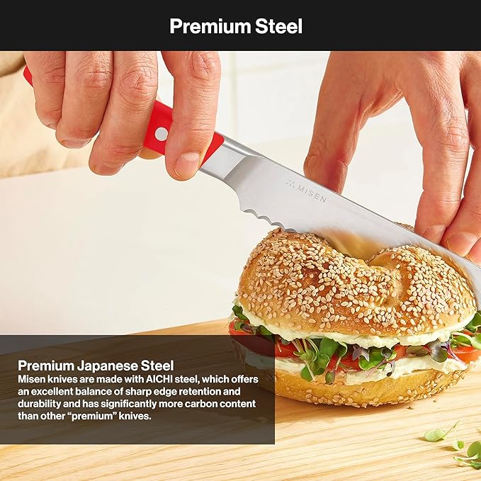 Misen Serrated Bread Knife - High-Carbon Japanese AUS8 Steel - Perfect for Soft Foods, Bread, Pastries, and Fruits - Verstatile Slicer, Razor-Sharp Edge, Durable Blade, Ergonomic Handle - 5", Red