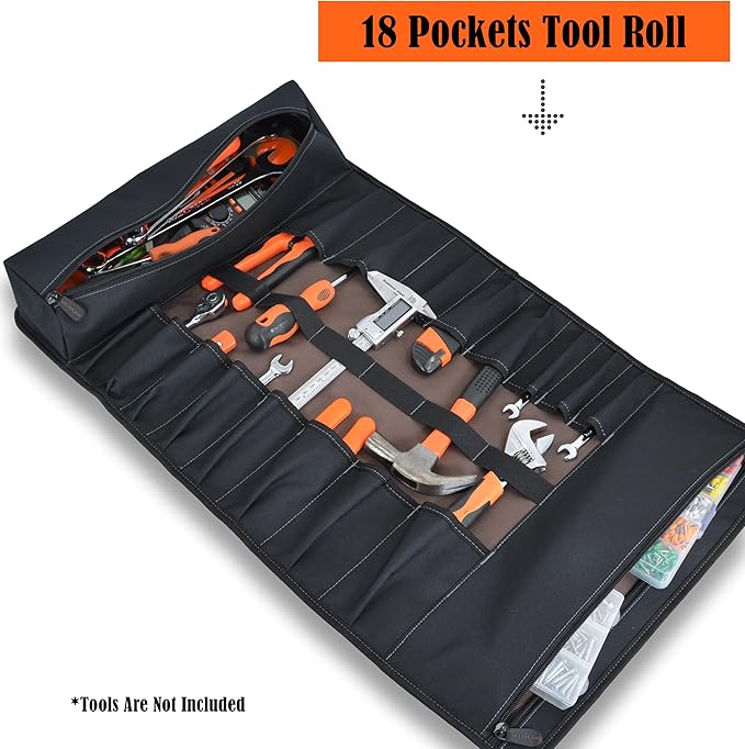 WELKINLAND 18-Pockets Waxed Canvas Tool Roll, Heavy-Duty tool bag roll, Waterproof tool roll up bag, 17" Canvas tool roll, Screwdriver roll up bag