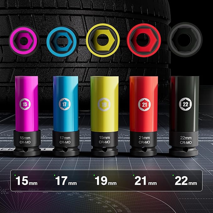5 Pieces 1/2 inch Drive Impact Lug Nut Socket, Metric 15 17 19 21 22 MM Thin Wall Deep Socket Set with Non-Marring Wheel Protectors