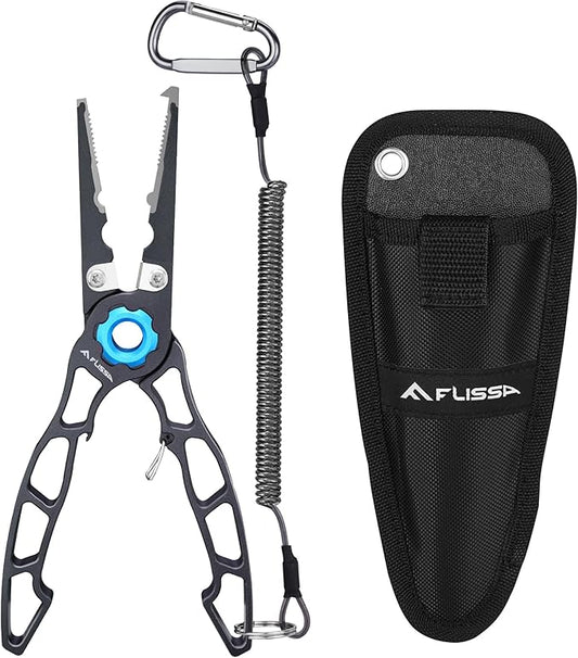 FLISSA 7.5 Inch Lightweight Fishing Pliers, Titanium 6Al-4V Jaw and Tungsten Carbide Line Cutters, Safety Lock Fish Pliers with Aluminum Handle, Sheath & Lanyard, Fishing Gear Gifts for Men