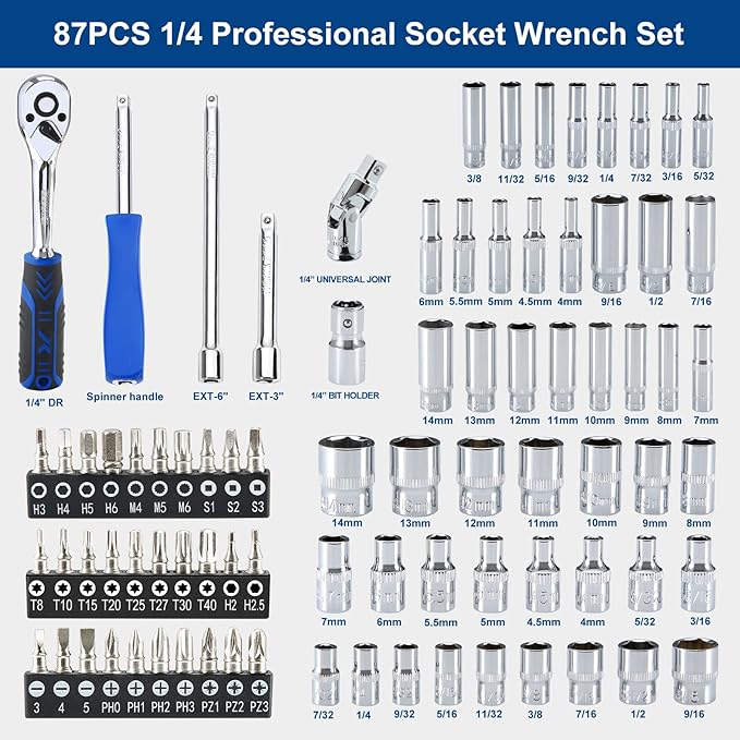SORAKO 87-Piece Drive Socket Wrench Set, 1/4-Inch Drive, Chrome Vanadium Steel, Includes 72 Tooth Ratchet, Sockets, Case