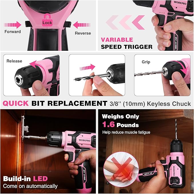WORKPRO Pink Tool Set with Drill, 43PCS Power Drill Set with Toolbox, 8V Lithium-ion Cordless Drill and Bits, 2.0 Ah Portable Electric Screwdriver Home Tool Set with Stackable Box- Pink Ribbon