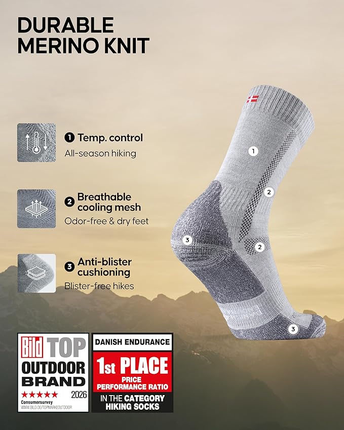 DANISH ENDURANCE Merino Wool Hiking Crew Socks for Men & Women, Cushioned Anti-Blister, Breathable - 3 Pairs