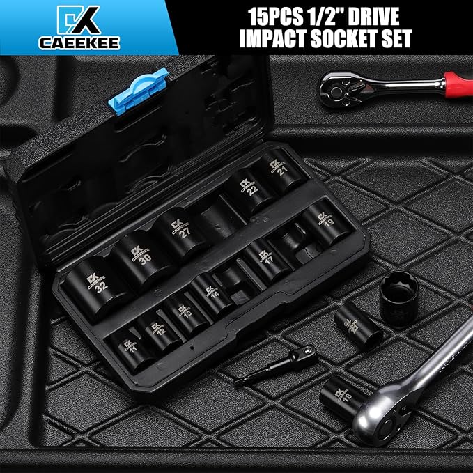 15PCS 1/2" Drive Shallow 12-Point Impact Socket Set, Metric(11mm - 32mm), Cr-V Steel, Includes Drill Socket Adapter