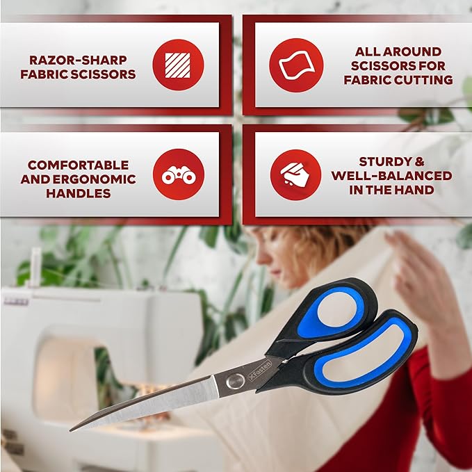 XFasten Sewing Scissors for Fabric Cutting Blue 9.5 Inch Professional Fabric Scissors Sewing | Heavy duty and Large