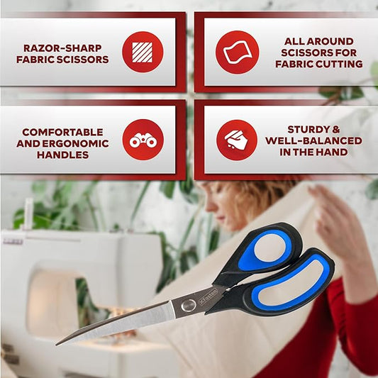 XFasten Sewing Scissors for Fabric Cutting Blue 9.5 Inch Professional Fabric Scissors Sewing | Heavy duty and Large