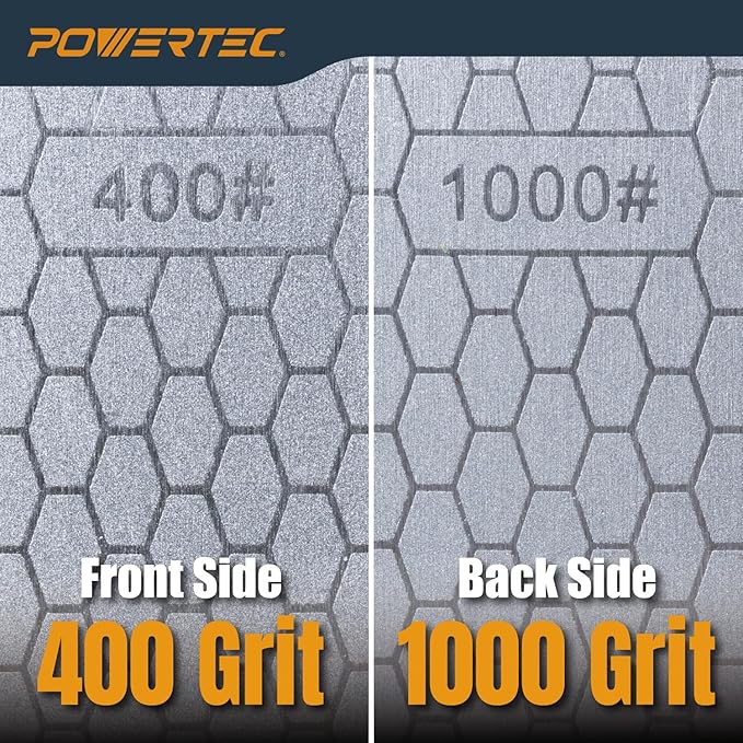 POWERTEC Diamond Sharpening Stone, 400/1000 Dual Grit Diamond Knife Sharpener, 8 inch Honing Stone with Non-Slip Base for Pocket Knife, Scissor, Chisels, Blades, Woodworking (72245)