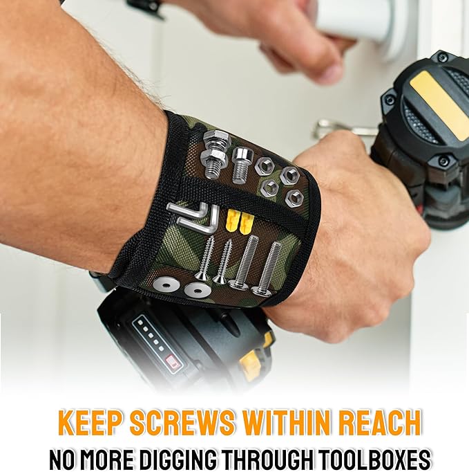 HiRui Magnetic Wristband for Tools ??Ultra-Strong 15 Neodymium Magnets Hold Screws, Nails & Bits, Dual Pockets ??Hands?멑ree for DIY, Home Repairs, Auto ??Gift?멢eady for Dad, Husband, Grandpa (CAMO)