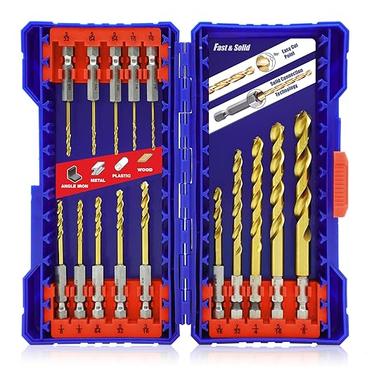 Handree 15 Pcs Hex Shank Drill Bit Set, HSS Impact Driver Bit Set for Metal, Quick Change Design, Titanium Twist Drill Bits for Steel, Aluminum, Copper, Plastic, Sizes from 1/16" to 3/8"