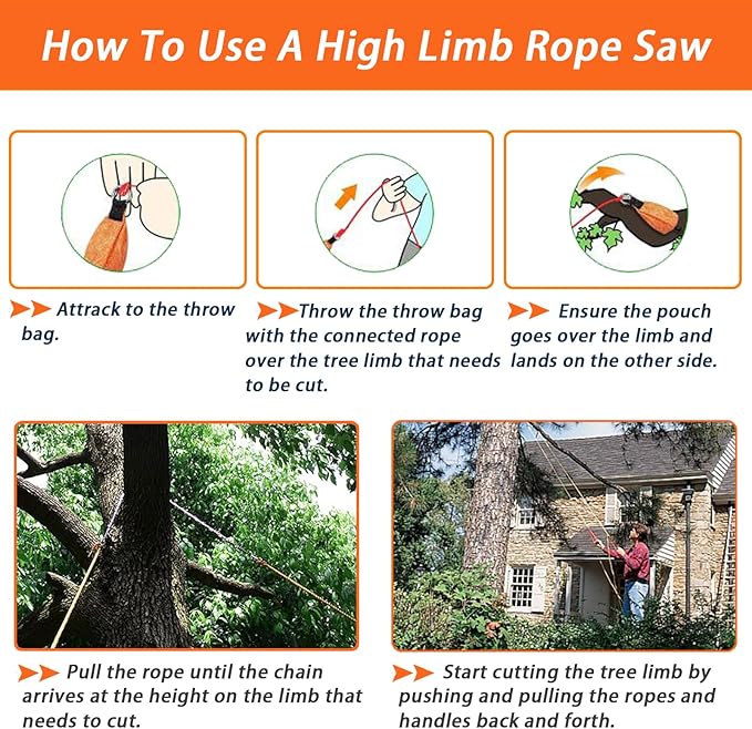 53 Inch High Limb Rope Saw with 14oz Throw Weight Bag, Hand Chainsaw with 68 Sharp Teeth Blades on Both Sides, Hand Rope Chain Saw Kit Includes Ergonomic Handles and Storage Case