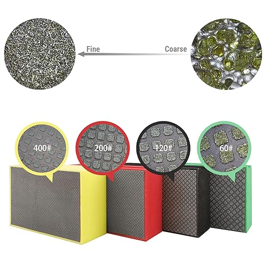 Diamond Hand Polishing Pad Diamond Sanding Block Foam Backed Diamond Sponge Sanding Pads for Wet or Dry Grinding polishing for Granite Marble Stone Tile Glass Ceramic (4, 60/120/200/400# Square)