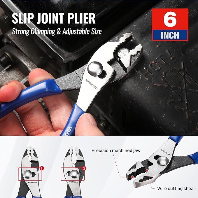 WORKPRO Pliers Set, 3-Piece Plier Tool Set with Soft Handle, 6" Needle Nose, 6" Slip Joint, 8" Groove Joint Plier for DIY & Home Use