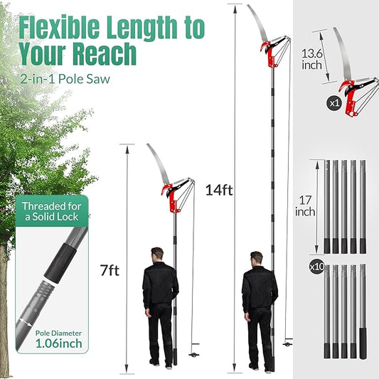 Suchtale 14FT Pole Saws for Tree Trimming, Manual Tree Pruner with Steel Saw Blade & Scissors, Long Handle Branch Cutter Pole, Extendable Limb Trimmer for High Branches, Yard Garden Pruning Tool