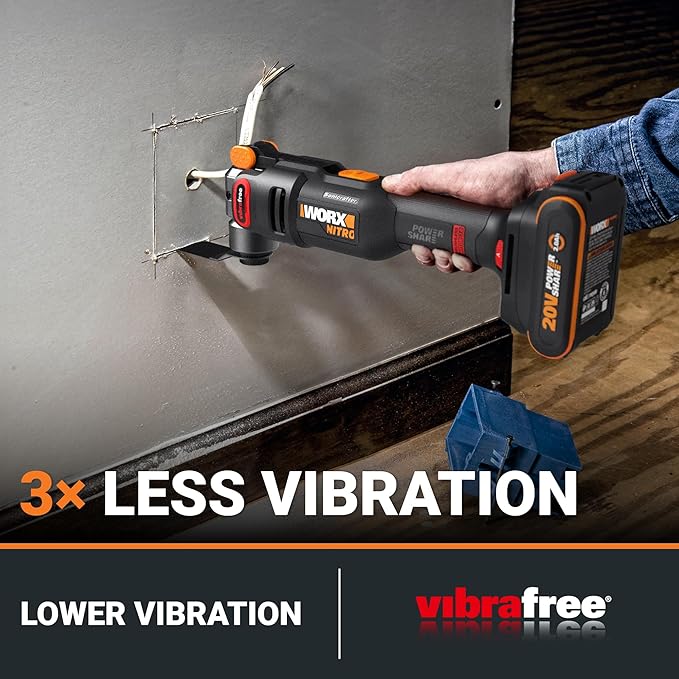 Worx Nitro 20V Cordless Oscillating Multi Tool with 5째 Oscillation Angle, VibraFree Technology, Slim-body Design, Tool Only, 23 Pieces Accessories with Carrying Bag, WX698L.9