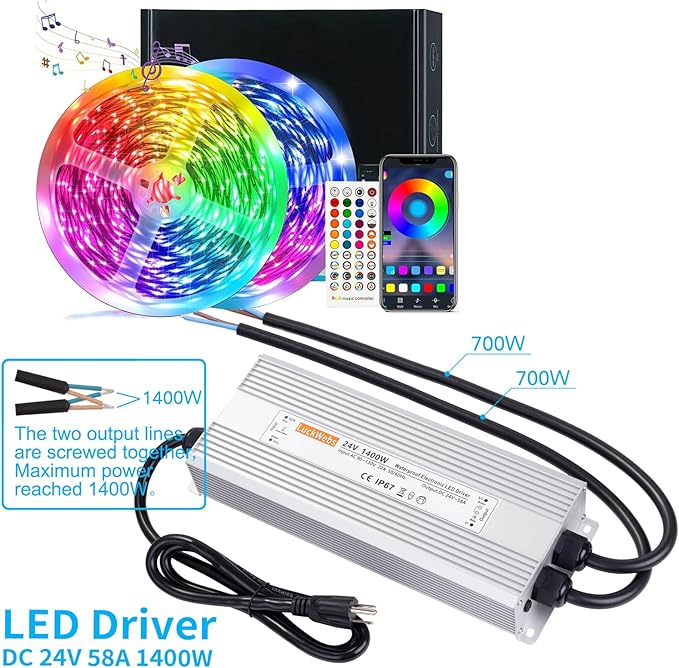 LED Driver 24V1400W Waterproof Power Supply AC 90-130V to DC 24V58A Low-Voltage Transformer IP67 Switching Power Supply Suitable for high-Power LED Lighting and Any 24V DC Equipment