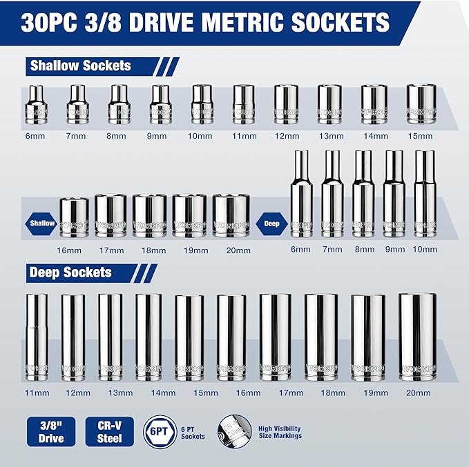 WORKPRO 32-Piece 3/8-inch Drive Metric Sockets and Ratchet-Including 30 Metric Deep and Shallow Sockets, 6-20mm with Magnetic Organizer and 72-Tooth Quick Release Reversible Ratchet for Auto Repair
