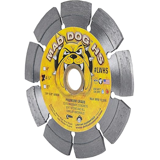 Delta Diamond Mad Dog HS 4 1/2 Inch Segmented Diamond Blade, .085 X 7/8"-5/8" Arbor, Premium, Wet/Dry, Laser-Welded, General Purpose Cutting Concrete, Masonry, Stone (4.5")