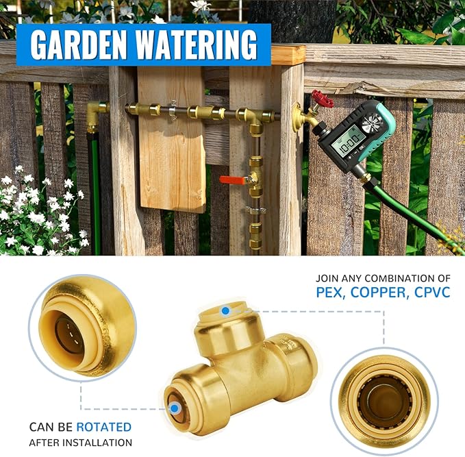 SUNGATOR Tee Plumbing Pipe Connector, 3/4-Inch Push Fit PEX Tee, No Lead Brass T Fittings with Disconnect Clip, Push-to-Connect, Copper, CPVC (2-Pack)