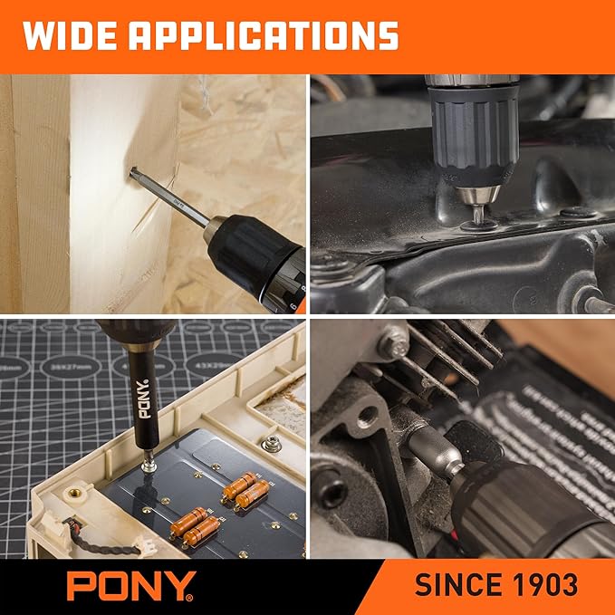 PONY 45-Piece Screwdriver Bit Set with Tough Case, 1/4" Hex S2 Steel Screwdriver Bits, Precision-Machined Tip, 1", 2" & 3-1/2" Bits with Magnetic Drive Guide & Magnetic Nut Drivers for DIY Projects