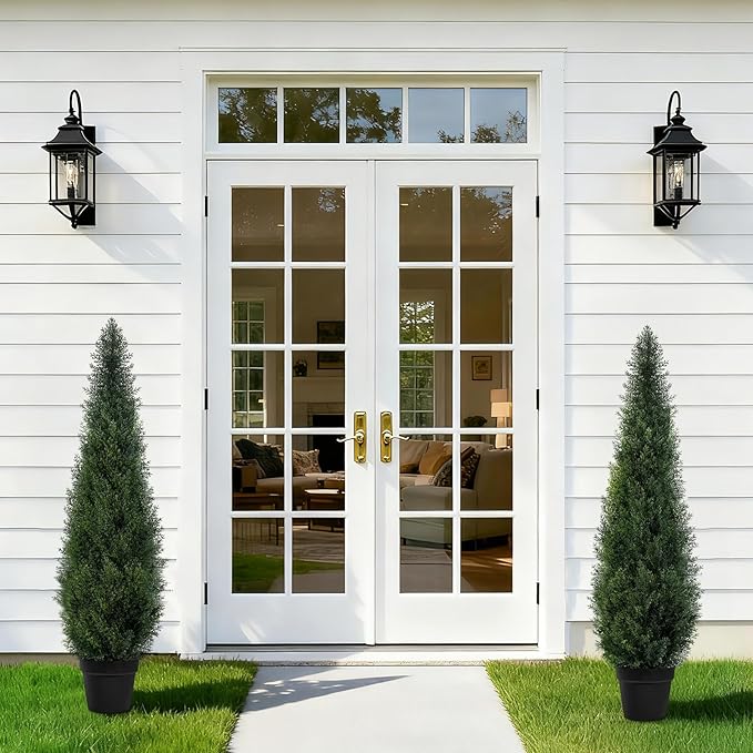 Artificial Trees for Outdoors, BUZIGUBY Artificial Cedar Topiary Trees, 4FT Topiary Trees Artificial Outdoors for Porch, Dense Arborvitae Tree for Front Door Patio Deck Balcony Yard Decor, 2 Pack