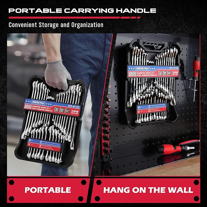 32-Piece Combination Wrench Sets SAE & Metric, Open-Box-End Combination Stubby Wrench Set Includes 20 Standard and 12 Stubby Wrenches, Open End and 12-Point Box End Wrench Set with Organizer Box