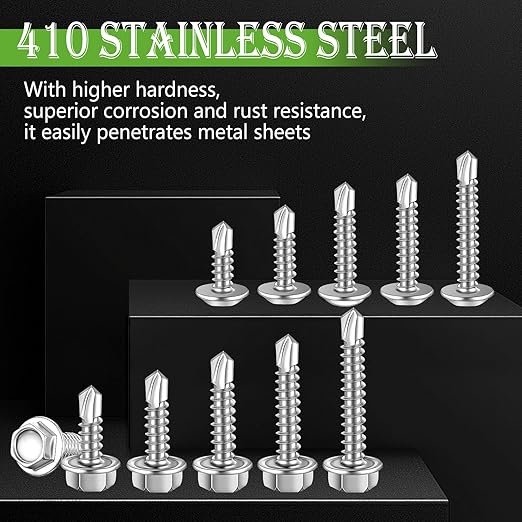 mxuteuk 1170PCS #8#10 Self Tapping Screws,410 Stainless Steel Self Drilling Screws for Metal,Truss Head & Hex Head 1/2" to1-1/4'' Self Tapping Screw for Plastic with 370PCS Washer