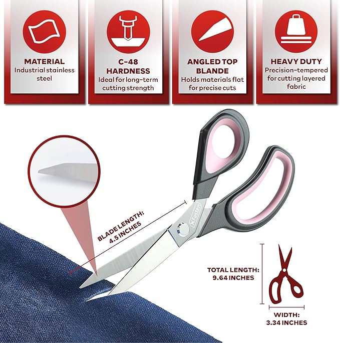 XFasten Sewing Scissors for Fabric Cutting Pink 9.5 Inch Professional Fabric Scissors Sewing | Heavy duty and Large