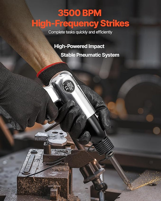VEVOR Air Hammer, 3500BPM Pneumatic Hammer with 2.76 inch Stroke & 4PCS Chisels Round Shank, Pistol-Grip Compact Air Chisel Pneumatic Shovel Tool for Cutting Punching Scraping