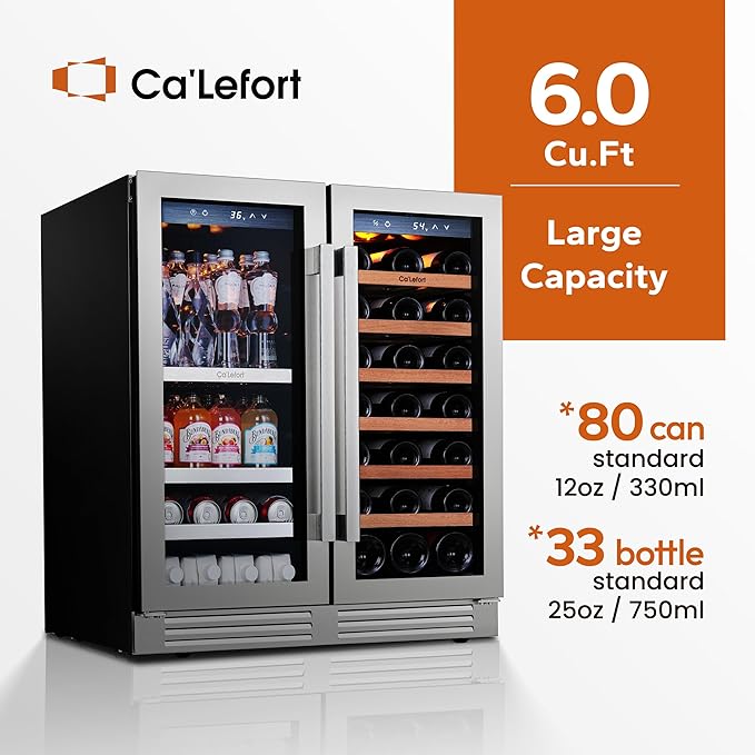 Ca'Lefort 30 Inch Wine and Beverage Refrigerator, 80 Can and 33 Bottle Wine Fridge Dual Zone 36-72째F, 3 LED Beverage Fridge Built in or Freestanding, Perfect for Home/Kitchen(6.00 cu.ft)