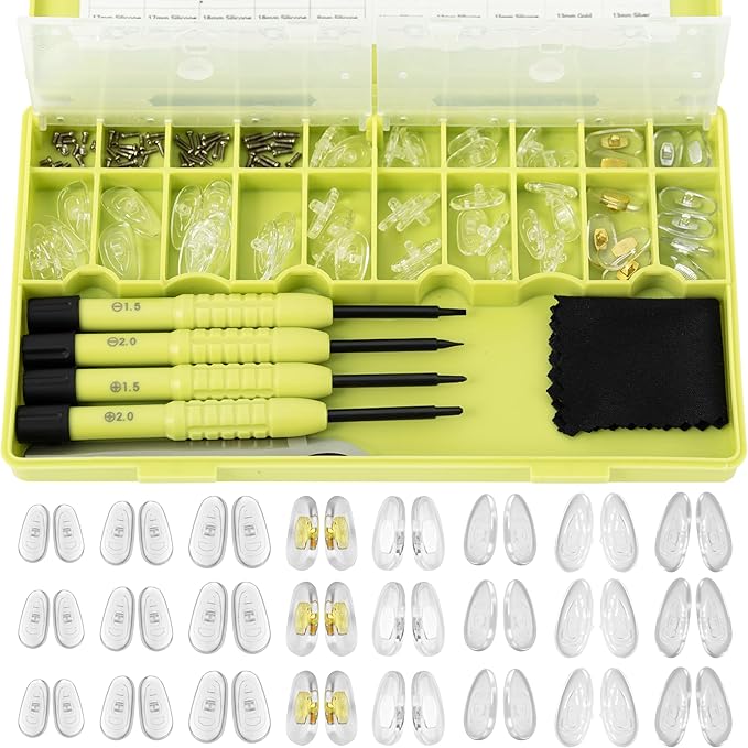 Eyeglass Nose Pads Replacement, 24 Pairs of Screw-in Glasses Nose Pads with Precision Screwdriver Set, Magnetic Eyeglass Repair Kit with Screws, Curved Tweezer for Travel, Birthday Gift, Christmas