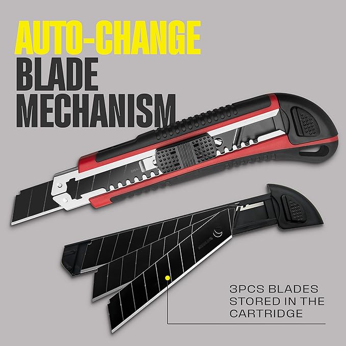 18mm Retractable Utility Knife with 4x SK2H Snap Off Black Spare Blades (18mm 1 PACK)