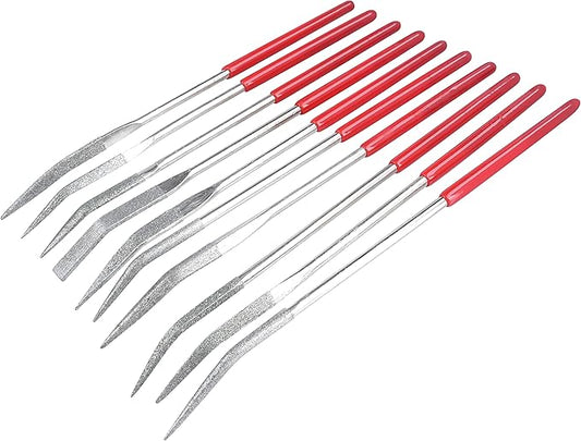 YAKAMOZ 10PCS Curved Mini Diamond Needle File Set Bent Small Metal Riffler Files Hand Tools for Glass Wood Stone Jewelry - Round Triangular Square Flat Shape 3x140mm