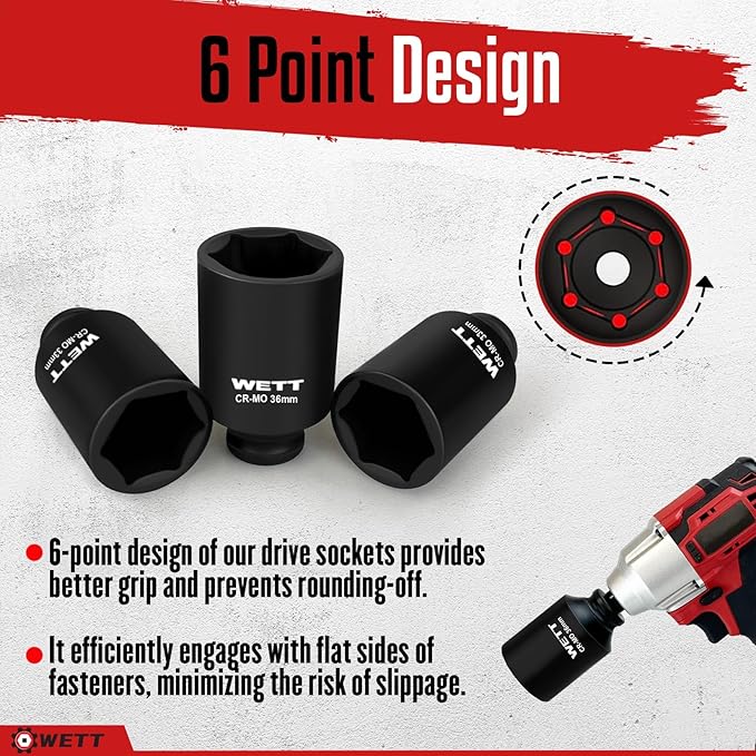 WETT 1/2" Drive Deep Large Impact Socket Set, 9-Piece Spindle Axle Nut Metric 6 Point Sockets Set, CR-MO, 29mm-38mm