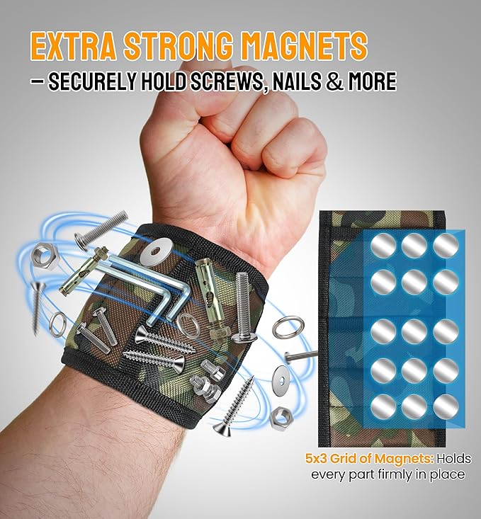 HiRui Magnetic Wristband for Tools ??Ultra-Strong 15 Neodymium Magnets Hold Screws, Nails & Bits, Dual Pockets ??Hands?멑ree for DIY, Home Repairs, Auto ??Gift?멢eady for Dad, Husband, Grandpa (CAMO)