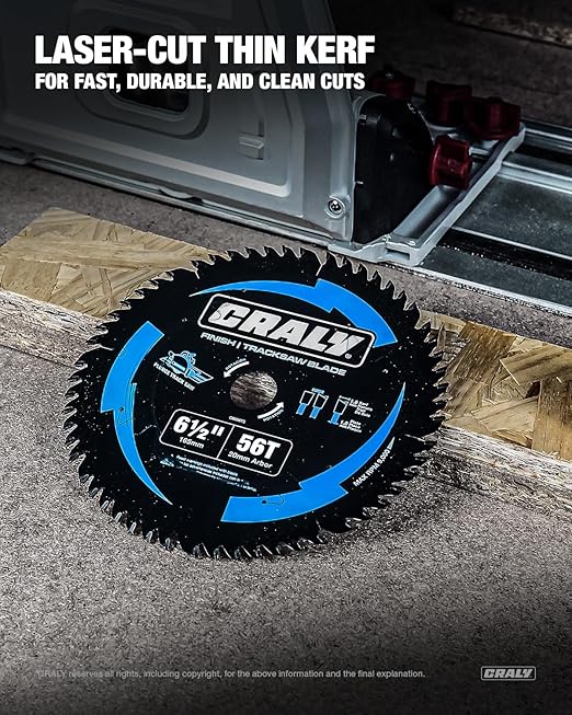 CRALY 6-1/2 Inch 56 Teeth Track Saw Blade, Ultra Finish Wood Cutting Plunge Circular Saw Blade, 5/8 Inch Arbor, Carbide Tipped, Thin Kerf, Black Ice Coating, for Plywood, MDF, OSB, Laminated(C0656TS)
