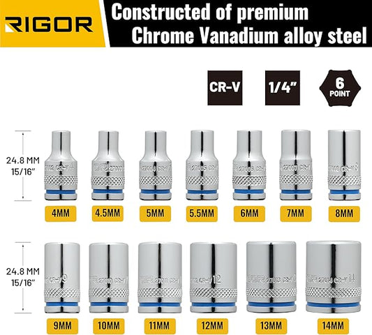 RIGOR 27001 Max-Grip Non-Slip Standard Socket Set, 13-Piece | Anti-Slip Chrome Vanadium Sockets | 1/4-Inch Drive, 6 Point, Metric | Include Durable Plastic Socket Rail.