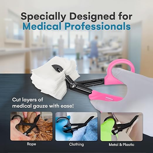 Madison Supply Trauma Shears for Nurses - Premium Stainless Steel Medical Scissors with Non-Stick Blades - 7.5" Surgical Nurse Scissors for First Aid and Emergency Use - Fluoride Coated Blades - Pink