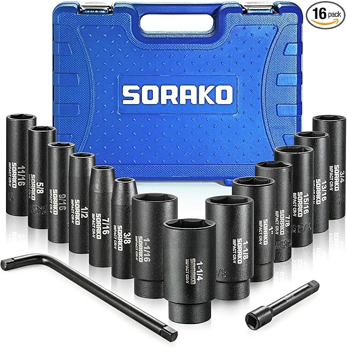 Impact Socket Set 1/2??Drive, SORAKO16 PCS SAE Deep Socket Set (3/8-Inch to 1-1/14") Include 5??Extension Bar & 10??L Handle, Cr-V Steel 6 Point Standard Impact Socket with Portable Case