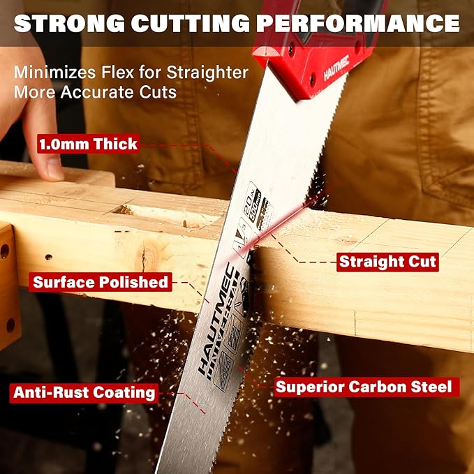 HAUTMEC 20" Universal Hand Saw, 8 TPI Triple-Ground Teeth, Low-Friction Blade, Ergonomic Handle with 45° & 90° Markers, Pro Handsaw for Wood, Plywood, Plastic, Tree Branch Cutting – HT0025