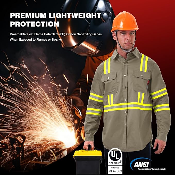 SKSAFETY 7oz FR Shirts for Men, Welding Shirt Hi Vis Flame Resistant 100% Cotton Fire Retardant Longsleeve Shirt CAT2
