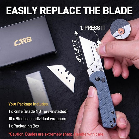 CJRB Boxer Folding Utility Knife, Small EDC Knife with G10 Handle, Includes 10PCS Total Blades(J1967 Blue)