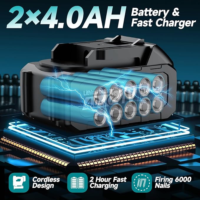 Cordless Brad Nailer, Nail Gun with 2Pcs 4.0Ah Battery, 18 Gauge 2 in 1 Electric Staple Guns Battery Powered for Upholstery & Carpentry, Include 1600Pcs Nails & Staples, Charger (Brad Nailer)