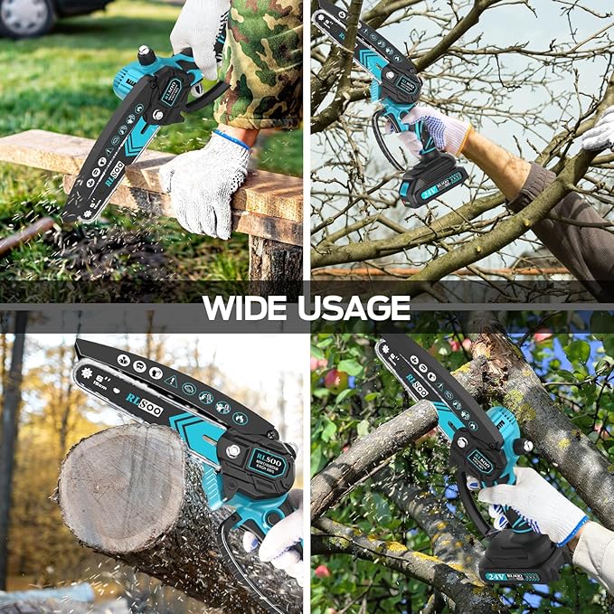 Mini Chainsaw Cordless, 6 Inch Electric Battery Chain Saw craftsman with Auto Oiler & Security Lock, Portable Small Hand Cutter for Branches, Wood Cutting, Yard, Garden Use (2 Batteries, 3 Chains)