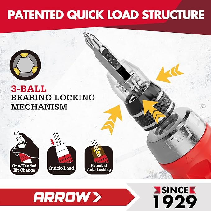 ARROW Stubby Ratcheting Screwdriver, 12-IN-1 Multi Bit Ratchet Screwdriver set, Premium S2 Steel, Innovated Bits Quick-Load Mechanism, with Phillips, Slotted, Torx, Square Bits Stored in Handle