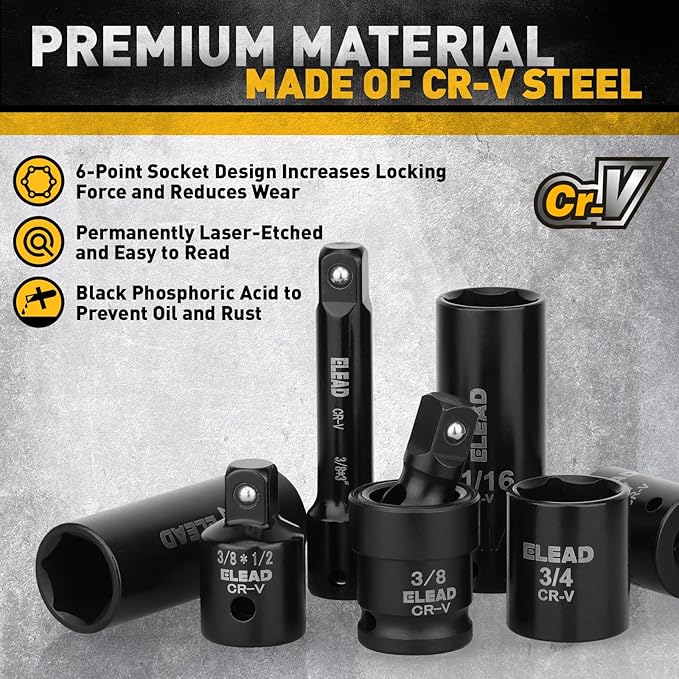 ELEAD 3/8" Drive Impact Socket Set, 96-Piece Deep & Shallow Socket Set Metric and Standard Full with Adapters, Ratchet Handle, Universal Joint, Extension Bar, Screwdriver Bit Sets, Spark Plug Sockets