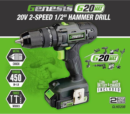 Genesis G20MAX 20V Cordless 1/2" Hammer Drill with 2.0Ah Battery & Charger, All-Metal Ratcheting Chuck, 2-Speed Range (GLHD20B)